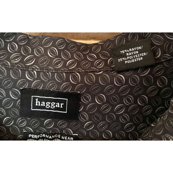 Haggar Performance Wear Men’s Large Button Up Black Geometric Print Shirt - Picture 7 of 8